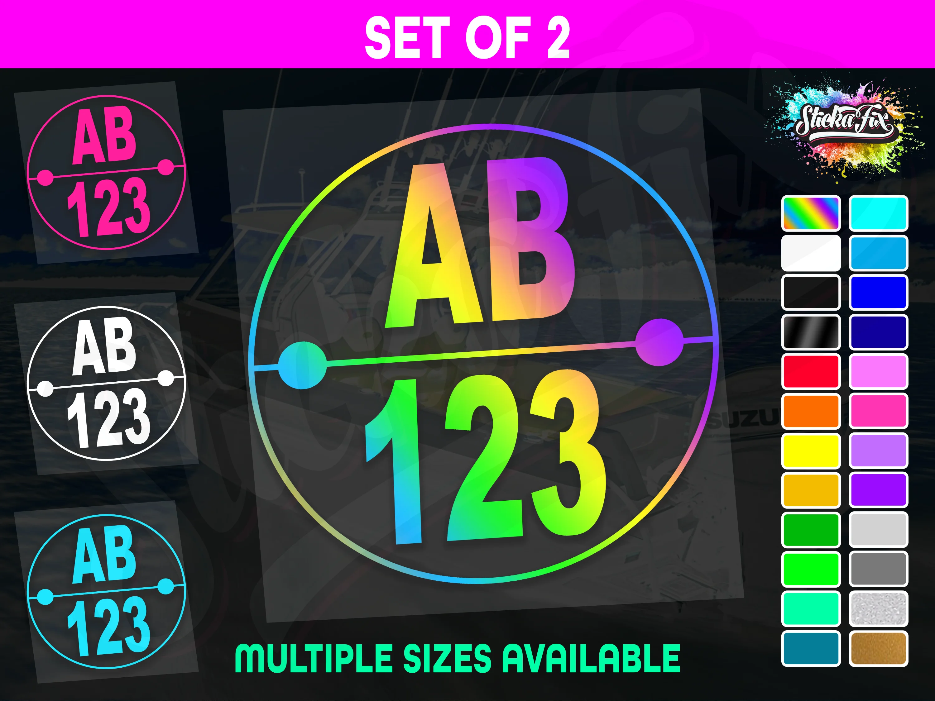 2x Round Custom Boat Rego Sticker Decals Set Vinyl Registration