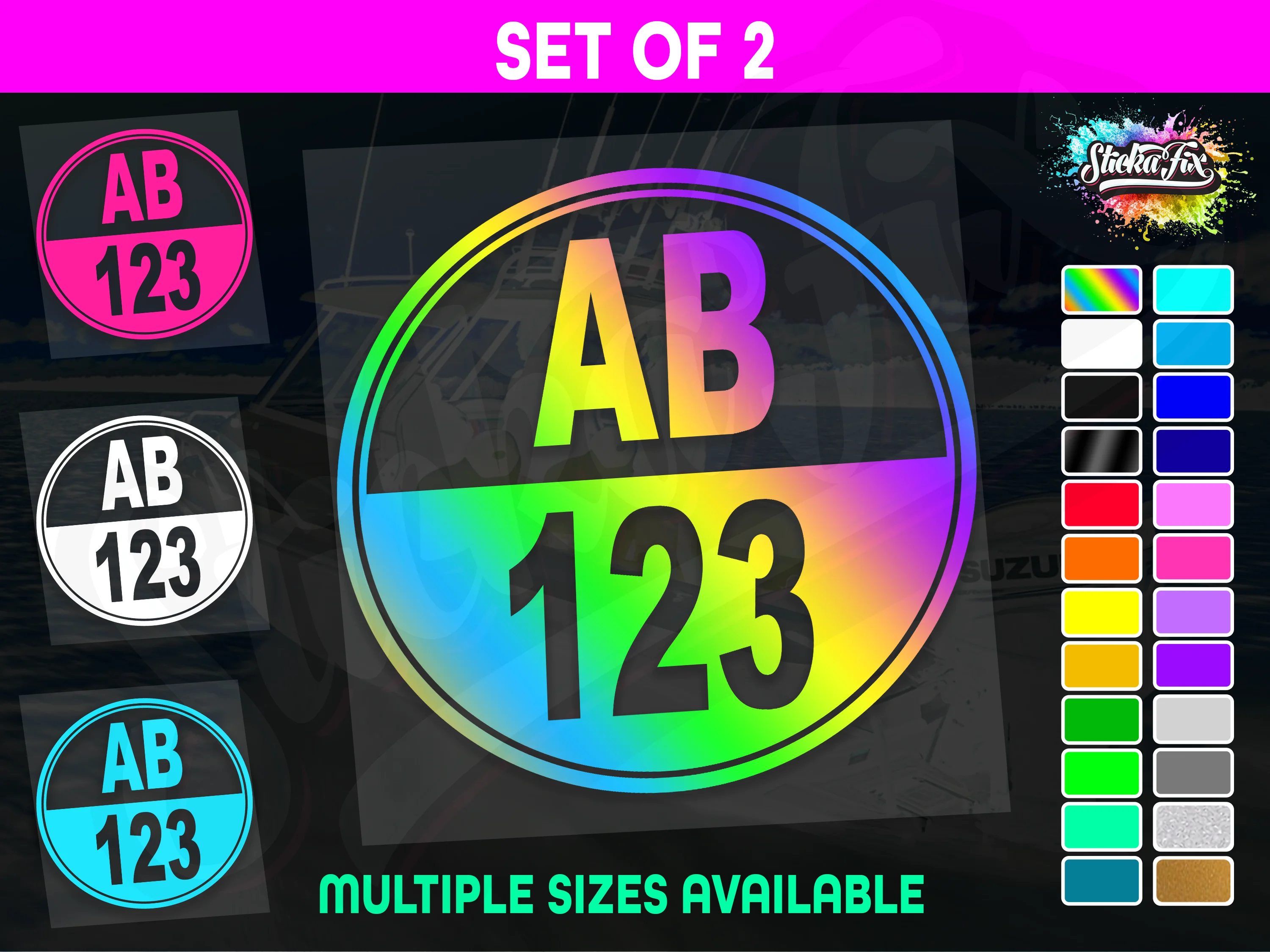 2x Round Custom Boat Rego Sticker Decals Set Vinyl Registration
