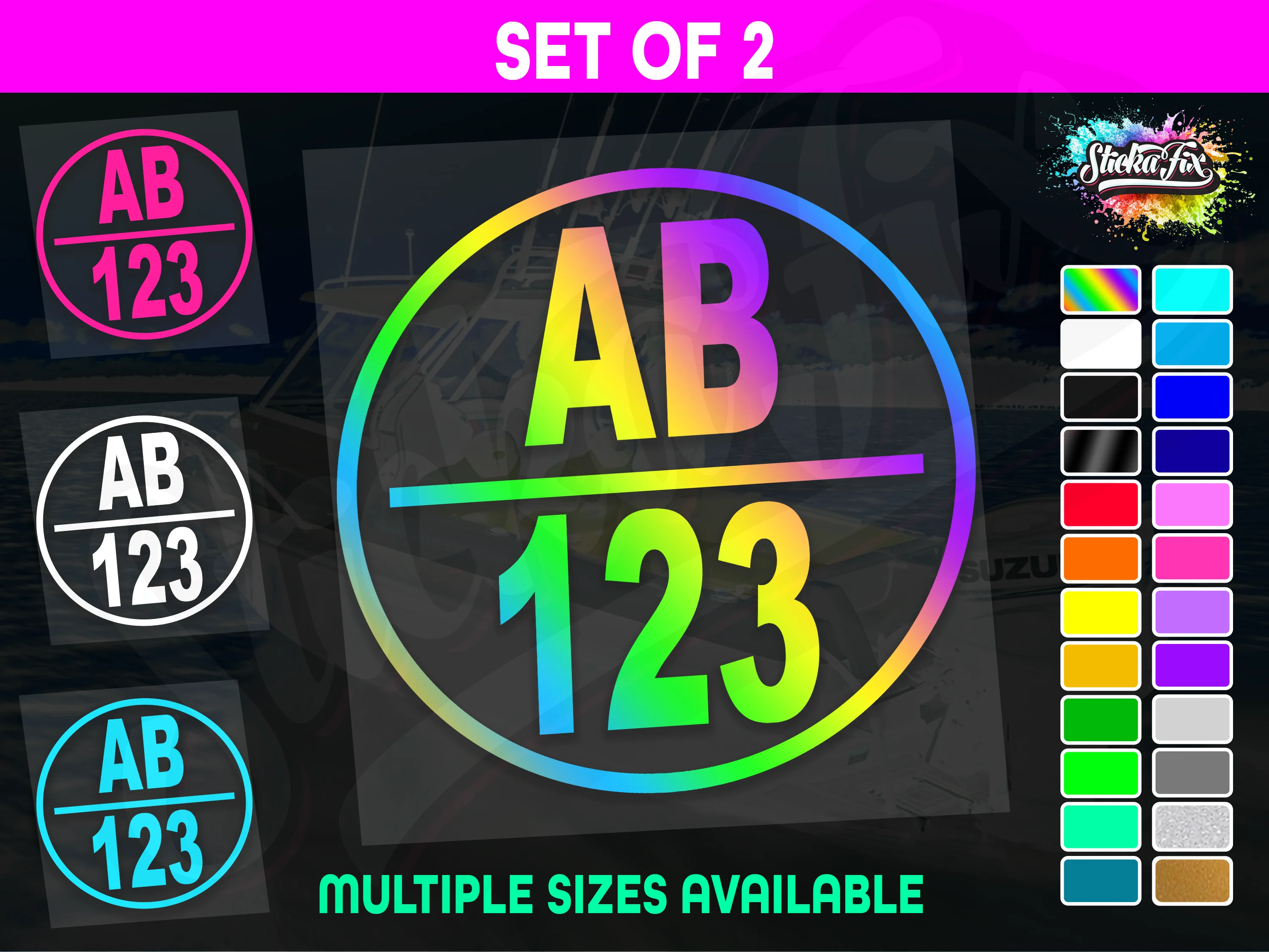 2x Round Custom Boat Rego Sticker Decals Set Vinyl Registration